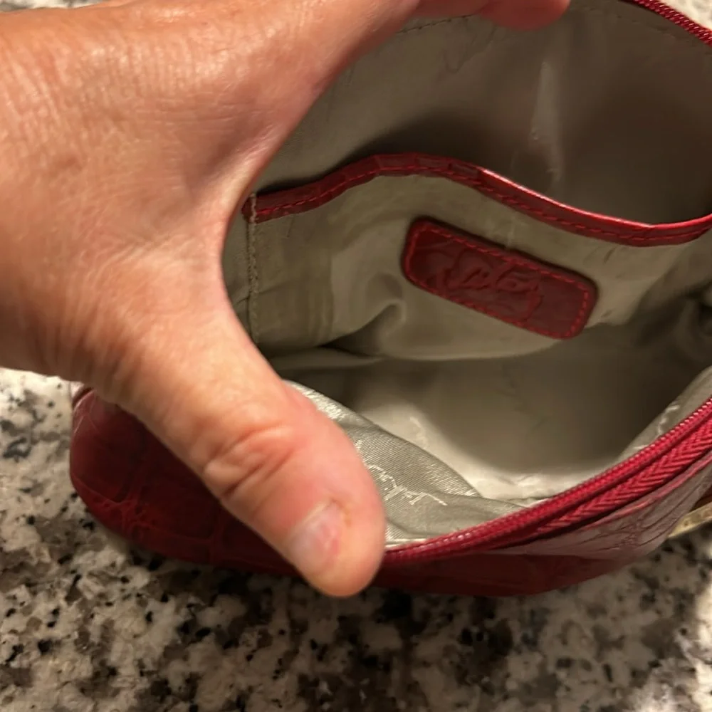 Velez Red Leather(?) Zippered Make-Up Bag w/Silver Lining. 8” W x 4 1/2” H. Good